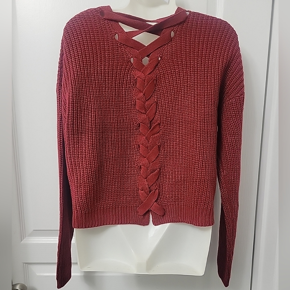 NWT Derek Heart Womens Sweater V Neck Large Long Sleeve Pullover Red Tie Detail